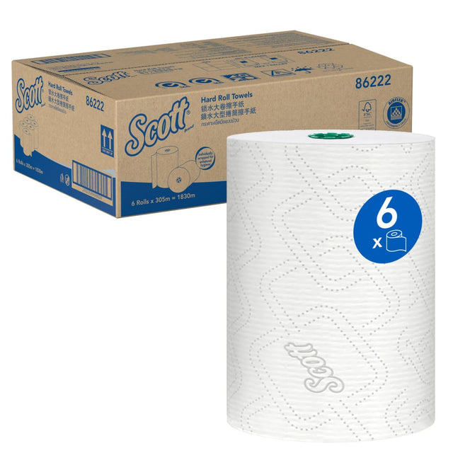 86222 KIMBERLY CLARK SCOTT HARD ROLL HAND TOWEL, WHITE 1 PLY, 305 METRES/ROLL, 6 ROLLS/CASE. PROPRIETY BRANDED SYSTEM (PBS)