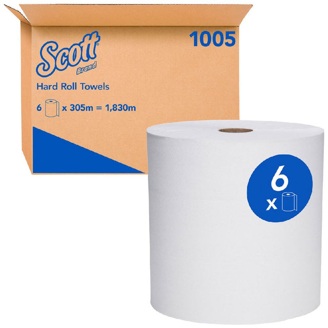 SCOTT 1005 HARD ROLL HAND TOWEL, WHITE, 1 PLY , 305 METRES 6 ROLLS CASE