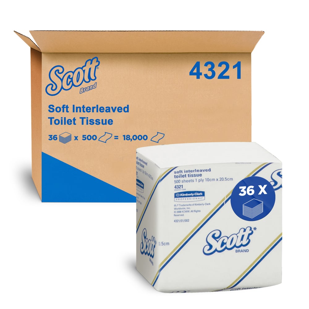 4321 KIMBERLEY CLARK SCOTT INTERLEVED TOILET TISSUE 500S 20.5CMX10CM 36C 1P SCOTT