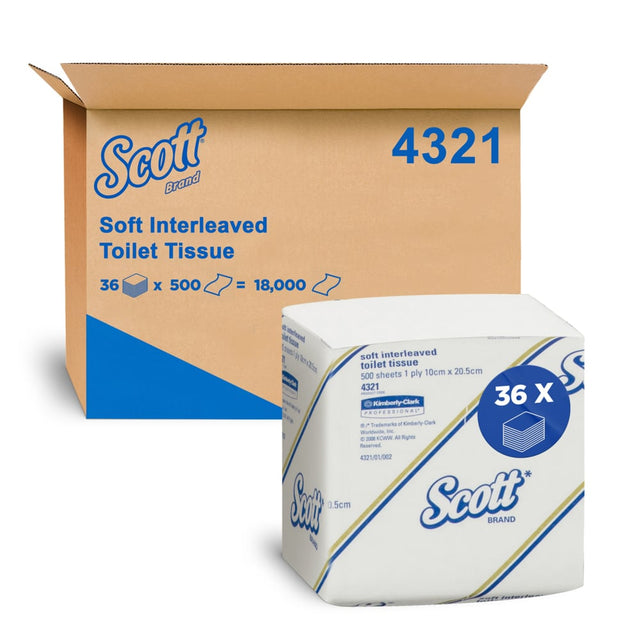 4321 KIMBERLEY CLARK SCOTT INTERLEAVED TOILET TISSUE 500S 20.5CMX10CM 36C 1P SCOTT