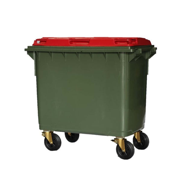 BIN 660L 移动式带轮垃圾桶 绿色 带红色盖子