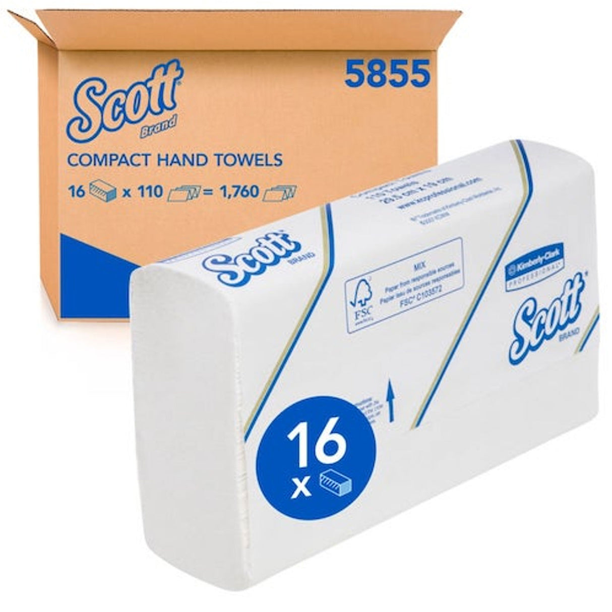 5855 TOALLA DE SEMANOS COMPACTA SCOTT, BLANCA 29,5 cm x 19 cm, 110 TOALLAS/PAQUETE, 24 PAQUETES/CAJA