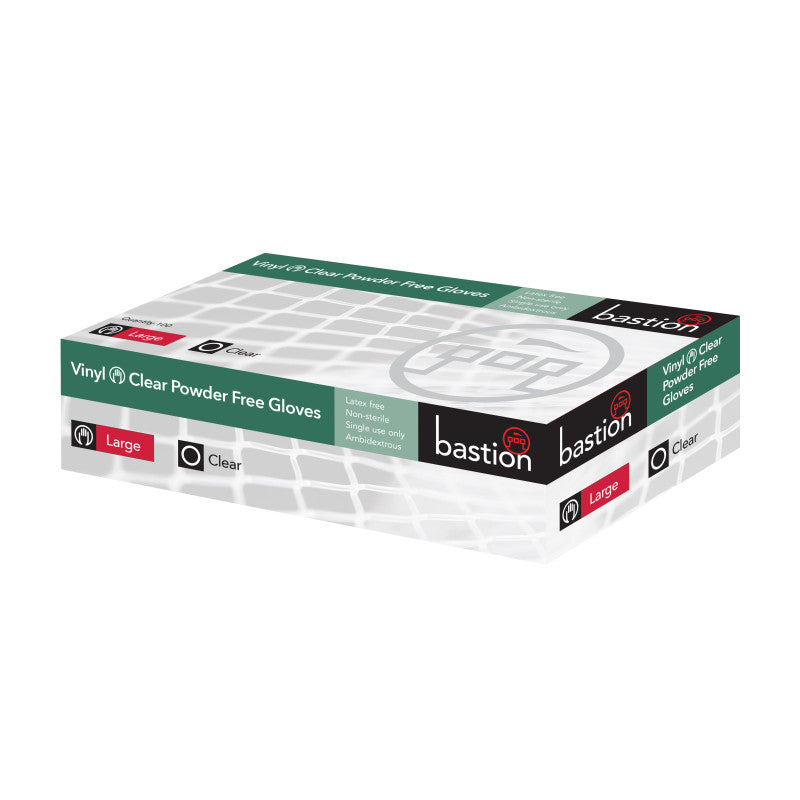 GUANTES DESECHABLES GRANDES SIN POLVO TRANSPARENTES DE VINILO BASTION PAQUETE DE 100