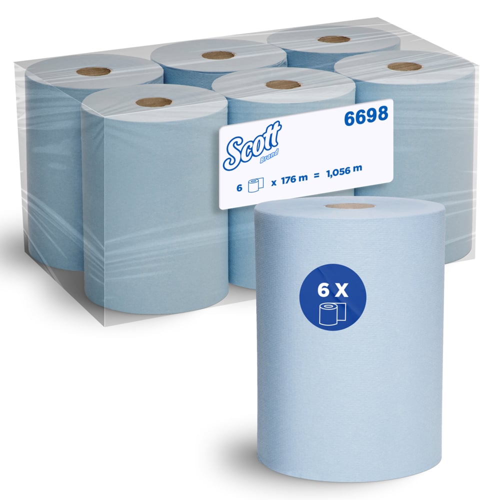 6698 KIMBERLY CLARK SCOTT SLIMROLL HAND TOWEL, BLUE 1 PLY, 176 METRES/ROLL, 6 ROLLS/CASE