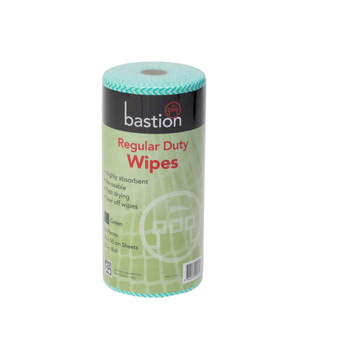 BASTION REGULAR DUTY WIPES ROLL GREEN 45MTR 90 PIECES 30CM X 50CM