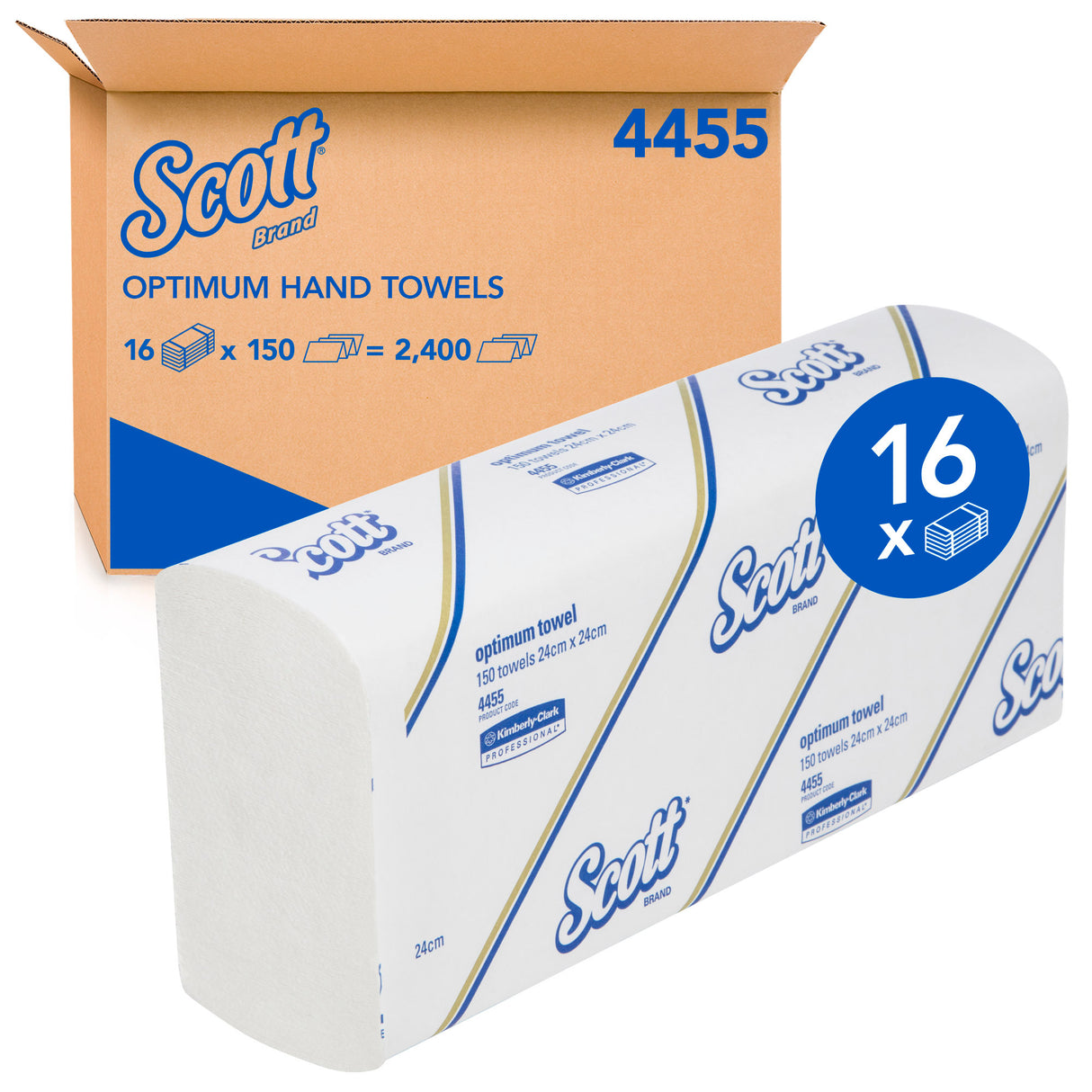 4455 KIMBERLY CLARK SCOTT OPTIMUM HAND TOWEL, WHITE, 24CM X 24CM, 150 TOWELS/PACK, 16 PACK/CASE